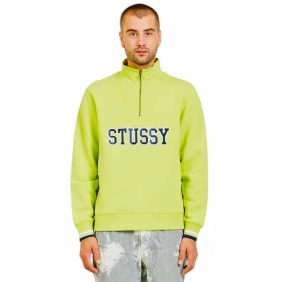 Stussy Contrast Rib Mock Neck Cotton Fleece Sweatshirt Men's Sz M Navy & Lime - Picture 2 of 16